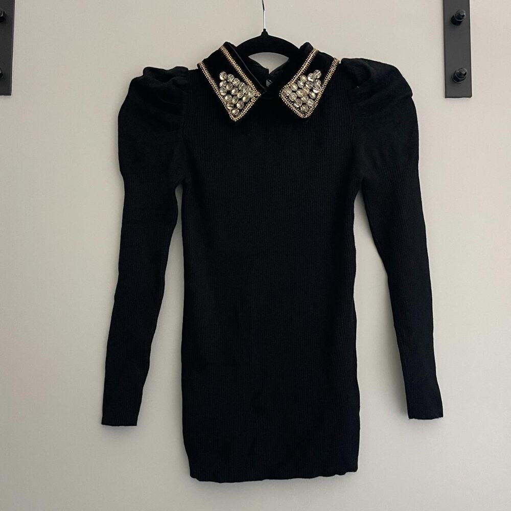 Black Long Sleeve Shirt with Embroided Neck